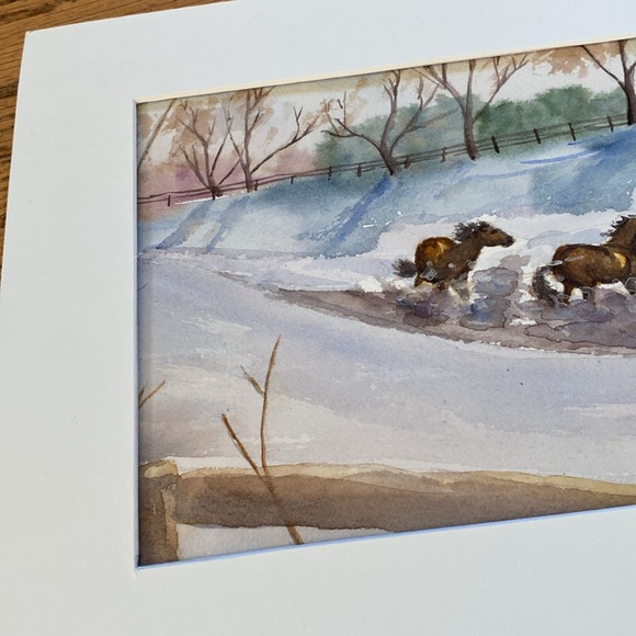 Original watercolour painting, horses in the snow, white mat included - Picture 3 of 3